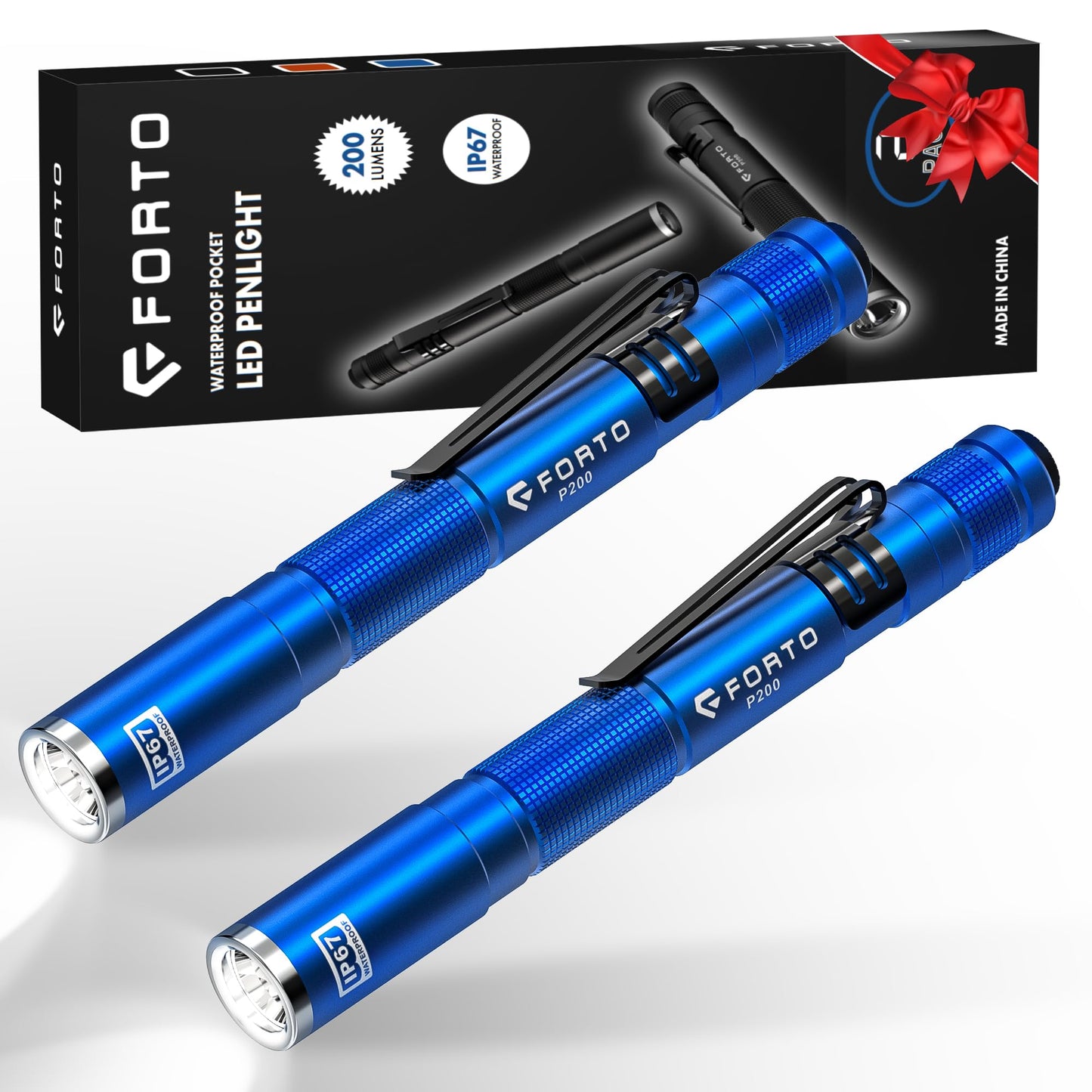 FORTO LED Pen Light, 200 Lumens Pocket Flashlight, IP67 Waterproof, 2 Modes, 2 Pack with AAA Batteries, Lightweight & Durable for Inspection, Medical Use, Emergency(Blue)