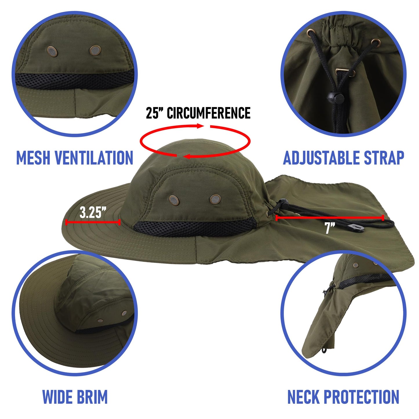 Falari Outdoor Sun Hat, Wide Brim with Neck Flap, Safari Hiking Gardening Fishing Hat - Army Green
