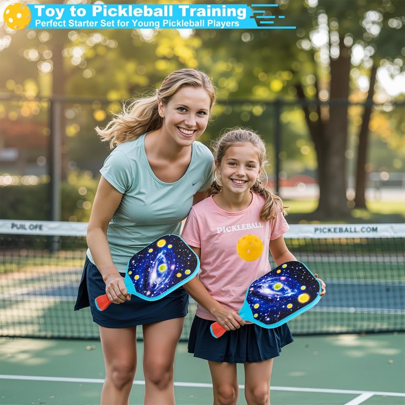 Foayex Kids Pickleball Paddles Set of 2, Outdoor Toys Beach Games, Lightweight Child-Size Pickleball Set Sports Gifts for Boys & Girls 4 5 6 7 8 Year Old - Galaxy