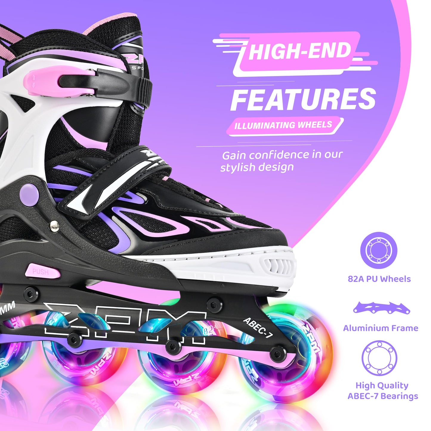 2PM SPORTS Vinal Inline Skates for Girls Boys Kids Ages 5-8 8-12 with Adjustable Illuminating Wheels, Inline Roller Skates for Youth Women Men - Purple Pink Small