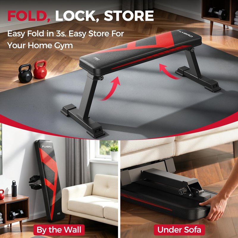 FLYBIRD Foldable Flat Weight Bench For Home Gym, Sturdy Strength Training Workout Bench, Space-saving Bench Press Flat Exercise Bench, Easy to Assemble (A-Red)