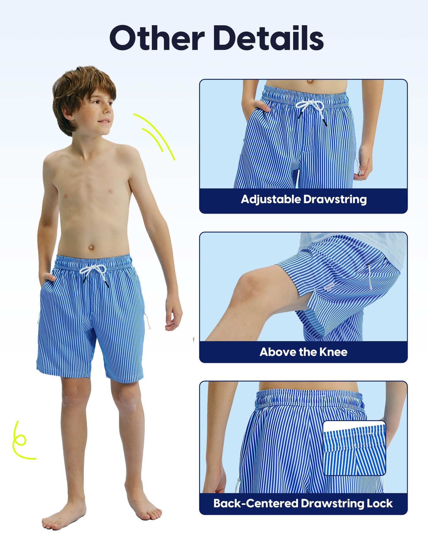 maamgic Boys Swim Trunks Compression Liner Stretch Teen Boy Swim Shorts Anti-Chafe Bathing Suits with Zipper Pocket Stripe Blue 8