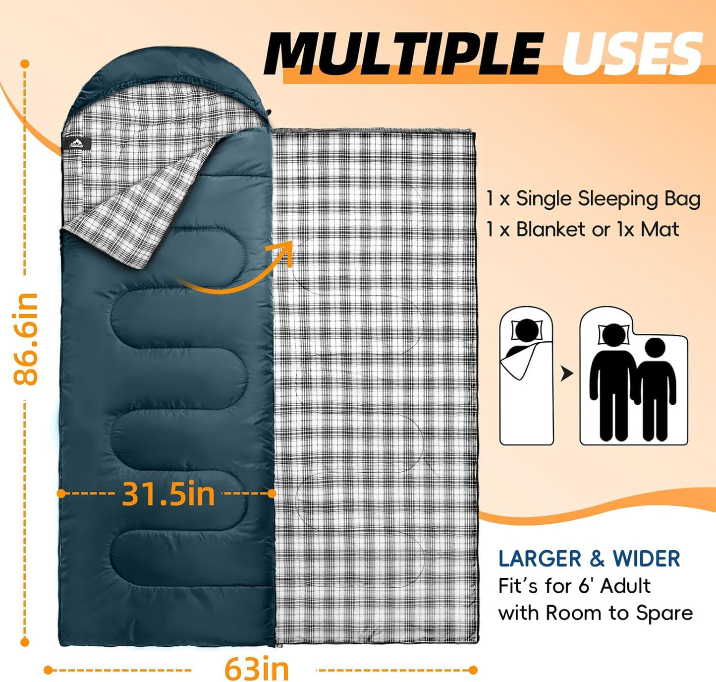 Flannel Sleeping Bag for Adults - XL Warm Cotton Camping Bag | 4-Season Comfort