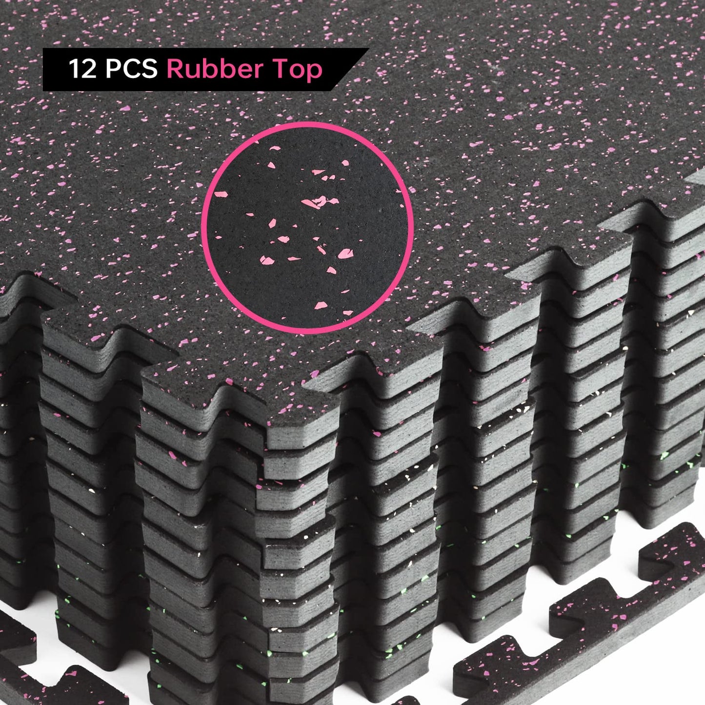 0.56 Inch Thick Gym Flooring for Home Gym with Rubber Top - 48 Sq Ft Interlocking Gym Floor Tiles - Workout Equipment Vibration Reduction Mats - 12 Pcs 24 x 24in Tile, Black & Pink