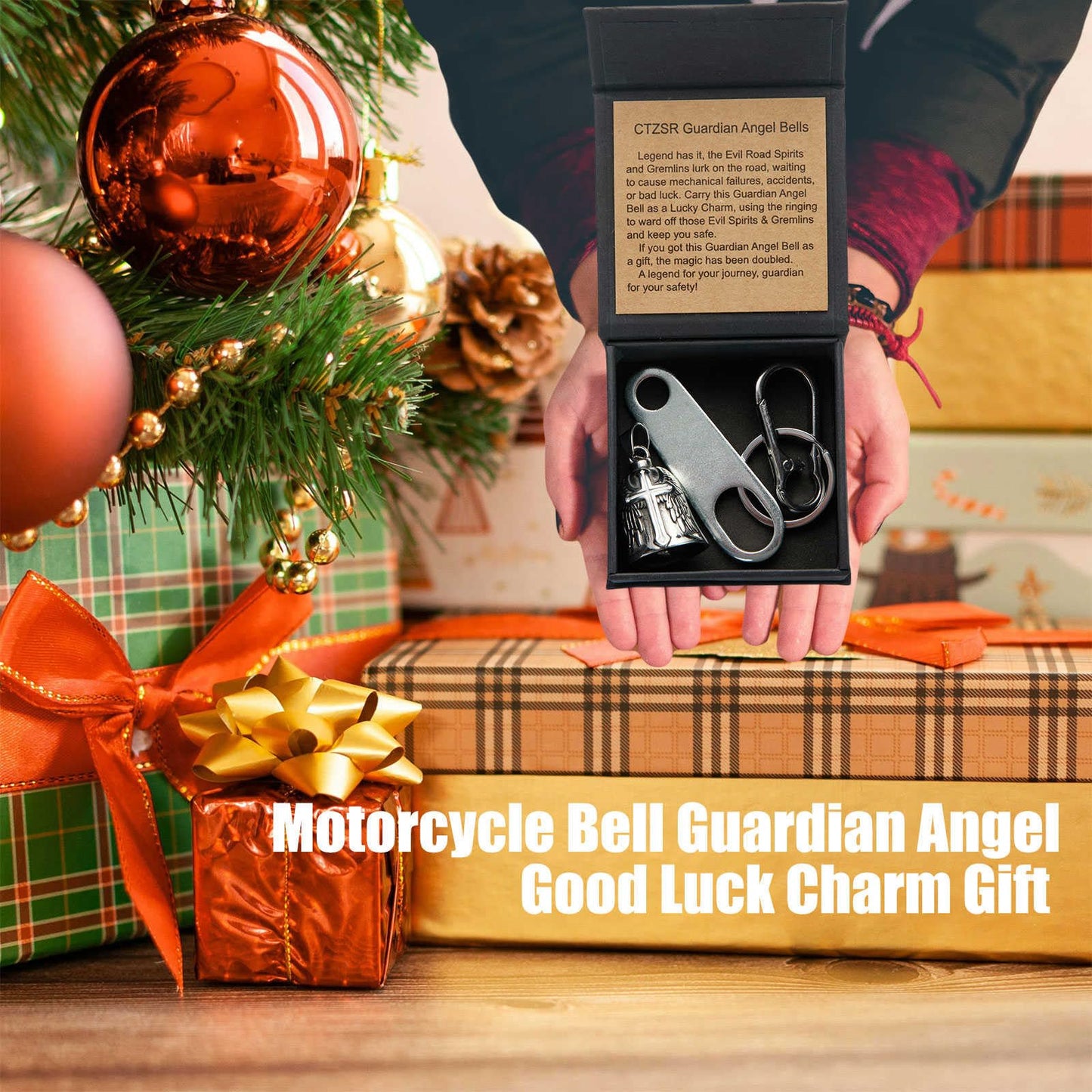 CTZSR Motorcycle Bell Guardian Angel - Good Luck Charm Gift For Rider Men Kids Friends With Gift Box, Legend Card, Keychain And Hanger & Weather-resistant Gremlin Bells For Bike Car (White)