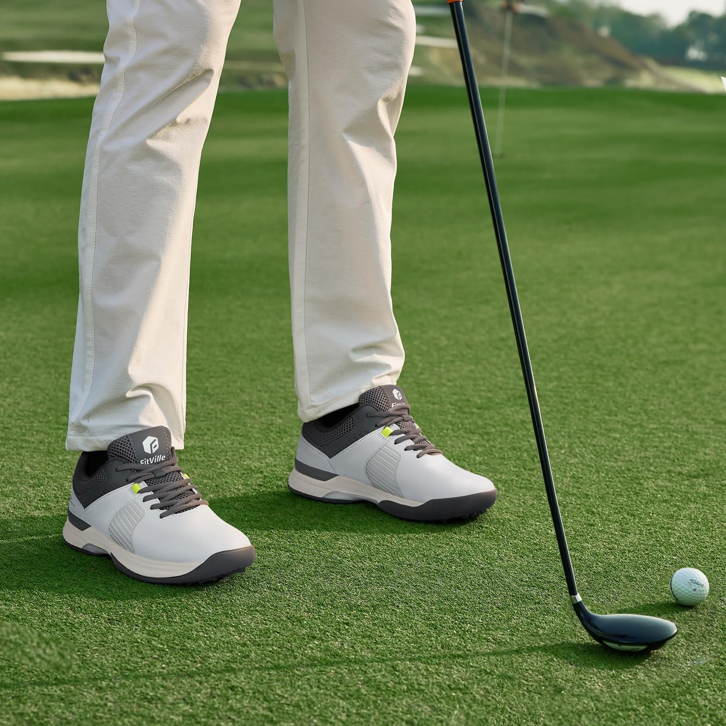 FitVille Wide Men's Golf Shoes Waterproof, Professional Outdoor Spiked Golf Shoes for Men with Arch Support(Misty Gray, 10 Wide)
