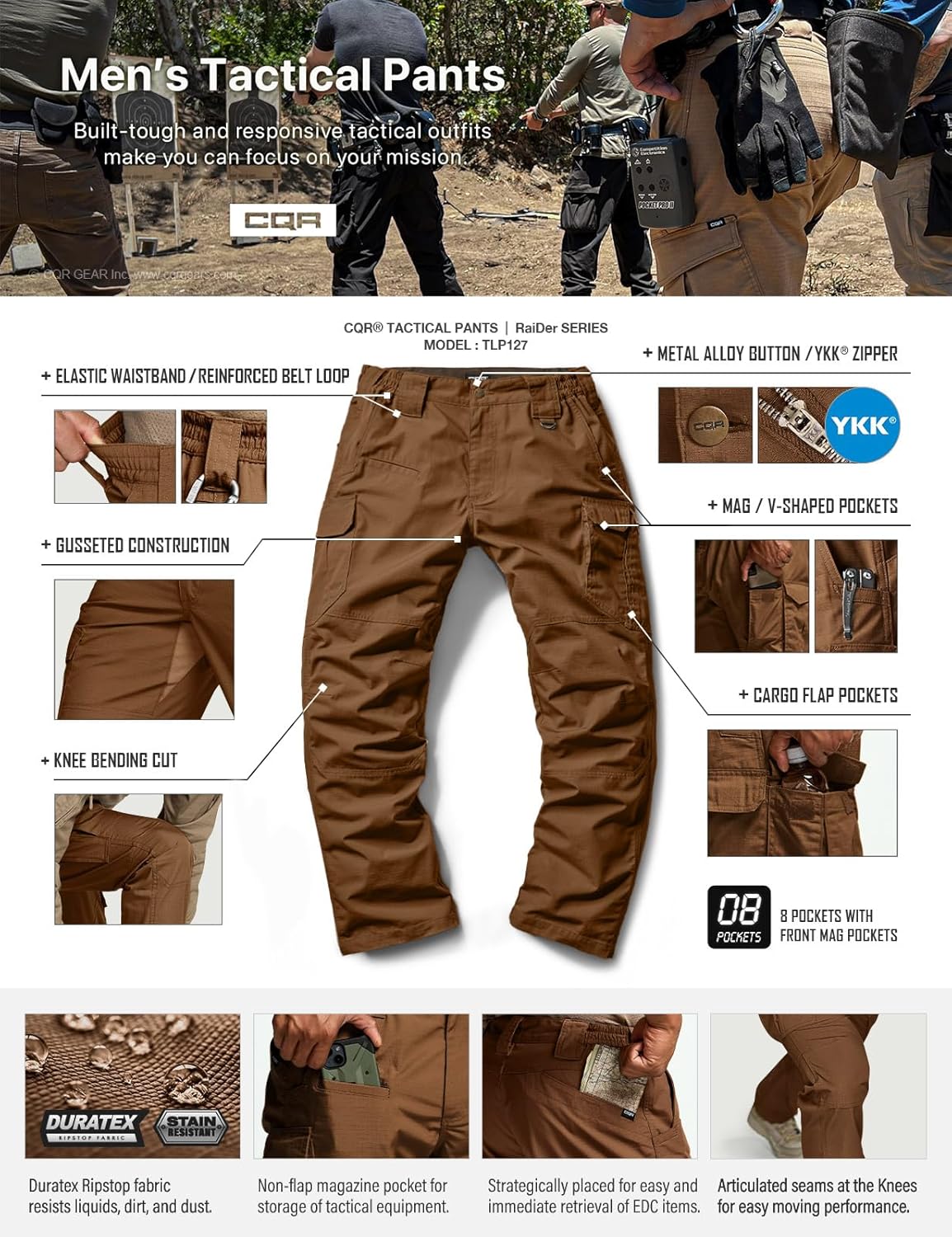 CQR Men's Tactical Pants - Lightweight Water-Resistant Ripstop Cargo Pants for Hiking | EDC Workwear