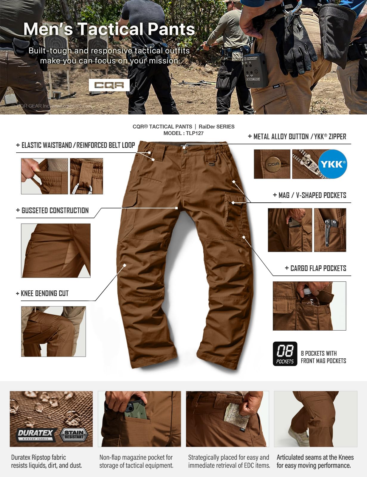CQR Men's Tactical Pants, Water Resistant Ripstop Cargo Pants, Lightweight EDC Work Hiking Pants, Outdoor Apparel, Raider Mag Pocket Copper Brown, 34W x 30L
