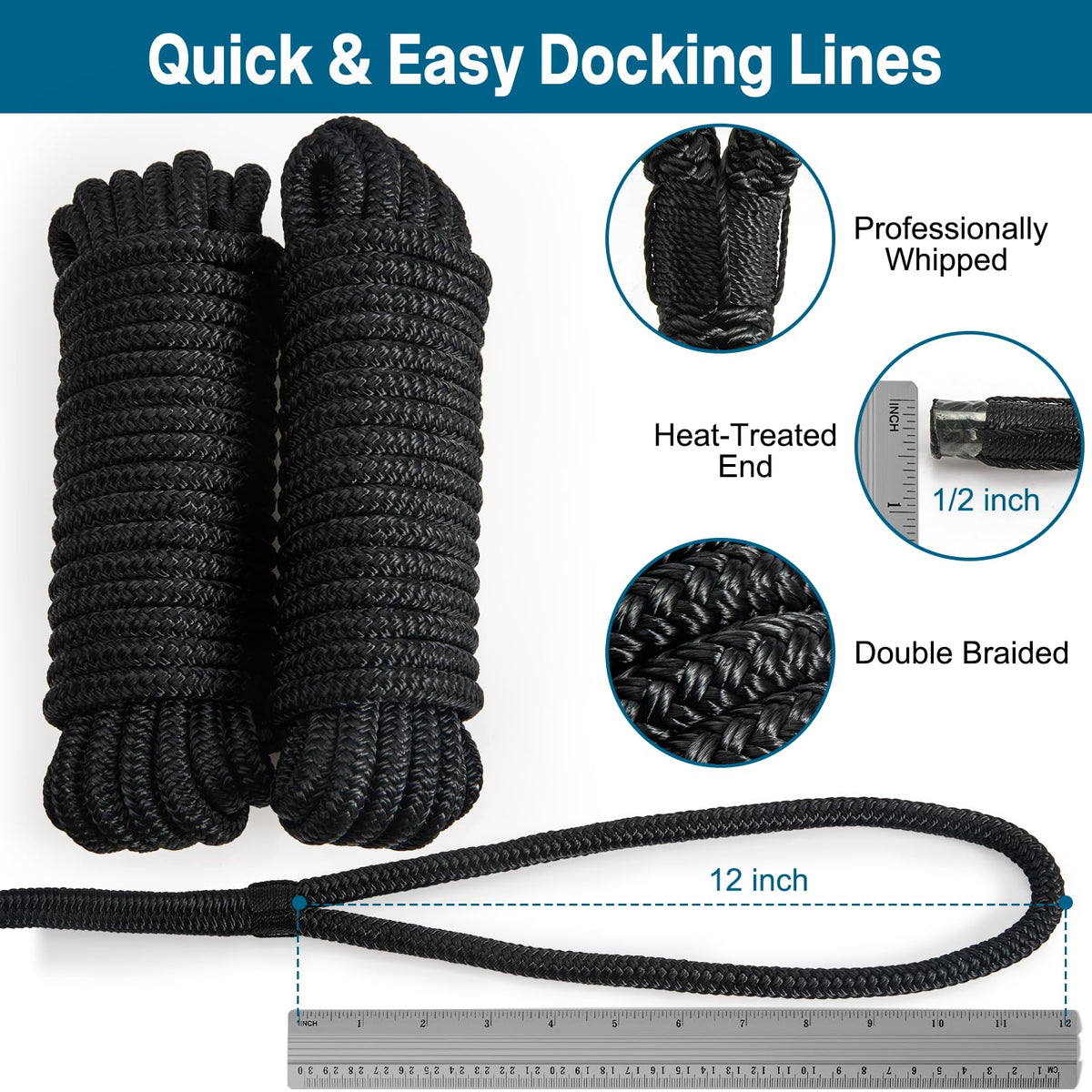 4 Pack 1/2" x 15’ Boat Dock Lines for Boat & Pontoon, Premium Marine- Grade Double Braided Nylon Dock Line, Pre-Spliced with a 12" Eyelet-Black,Boating Gifts for Men