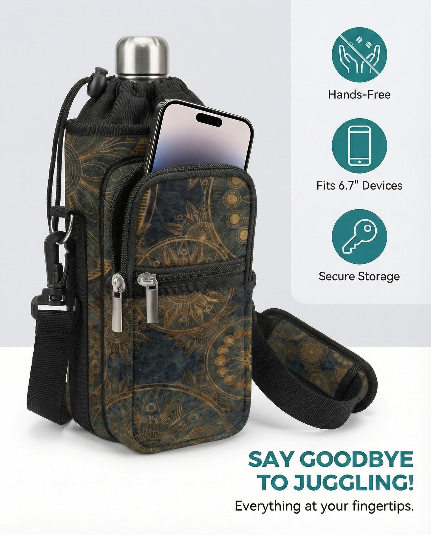 AUPET Water Bottle Sling Bag Sleeve Holder Carrier 25/32/40/64 oz,Insulated Crossbody Water Bottle Case Cover with Strap and Pockets for Men/Women Walking Hiking Camping (40oz, stylish)