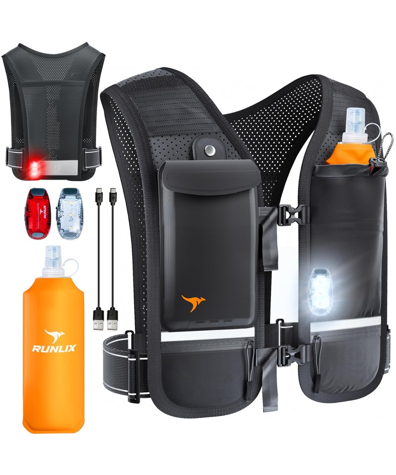 RUNLIX Running Vest for Women Men-Reflective Running Hydration Vest with 500ml Soft Water Bottle, Phone Holder, 2 LED Lights USB Rechargeable-7 Pockets Runners Backpack Marathon (Black, Medium-Large)