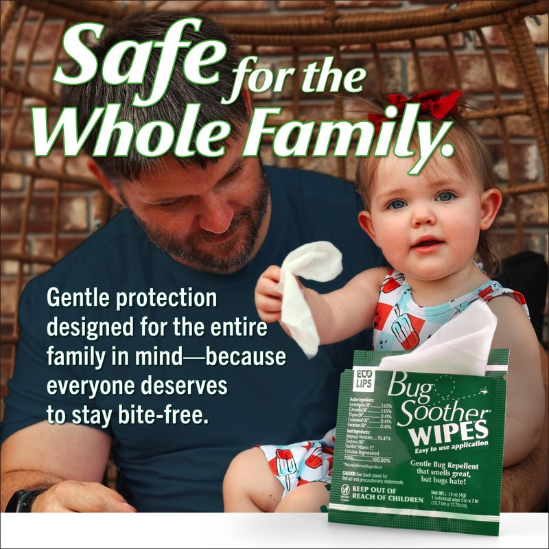 Bug Soother® Natural Insect Repellent Wipes – DEET-Free Mosquito & Bug Protection for Travel & On-the-Go, Family-Safe Plant-Based Formula – Made in USA (15 ct Pack)