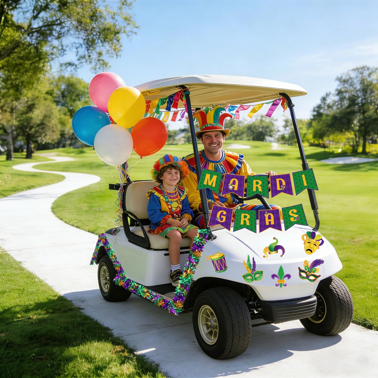 Pezutoi Mardi Gras Golf Cart Decorations Purple Green Gold Decor with Banner Tinsel Flags Garlands Cutouts