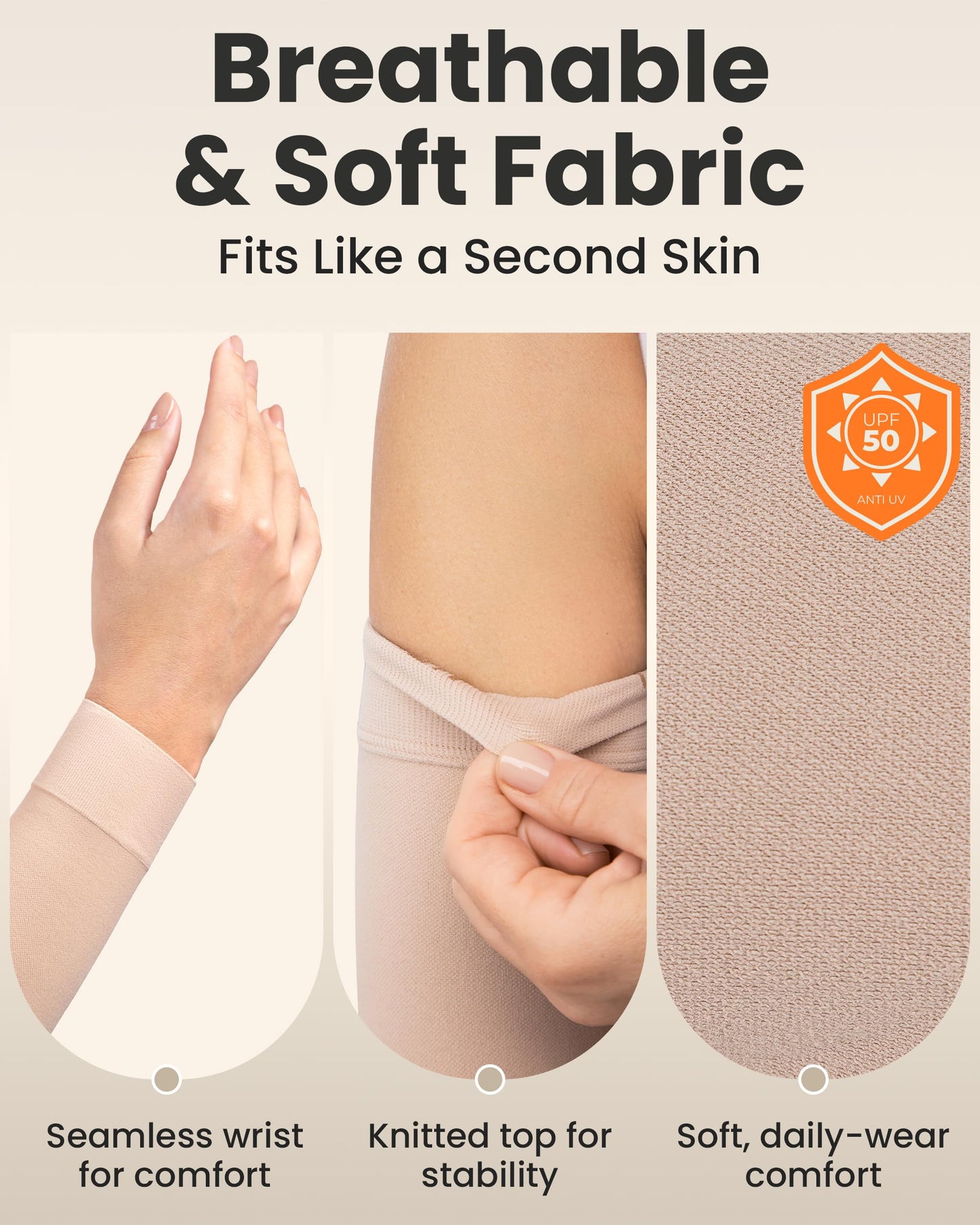 KEMFORD Compression Lymphedema Arm Sleeves for Women – 15-20 mmHg, Silicone Grip, 1 Pair, Beige, S/M – Medical Full Arm Support for Swelling, Circulation & Edema