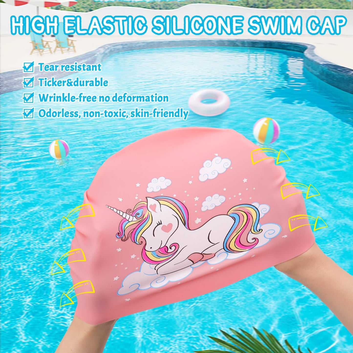 Waslary 3Pcs Silicone Waterproof Swim Caps for Kids, Cute Cartoon Swimming Caps Bathing Hats for Long Short Hair, Gifts for Girls Boys Children Toddler