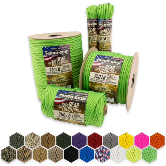 TOUGH-GRID 750lb Paracord/Parachute Cord - 100% Nylon Mil-Spec Type IV Paracord Used by The US Military, Great for Bracelets and Lanyards, 50Ft. - Neon Green