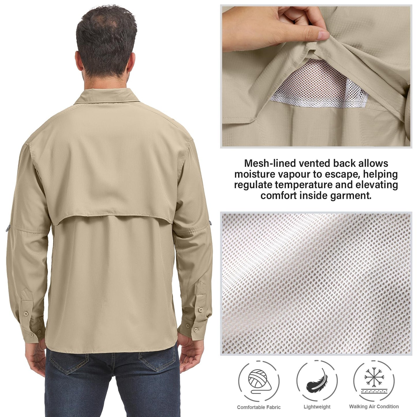 Men’s Long Sleeve Shirts UV UPF 50 Sun Protection Hiking Fishing Safari Shirt Quick Dry Cool Utility Blouse (5052 Khaki M)