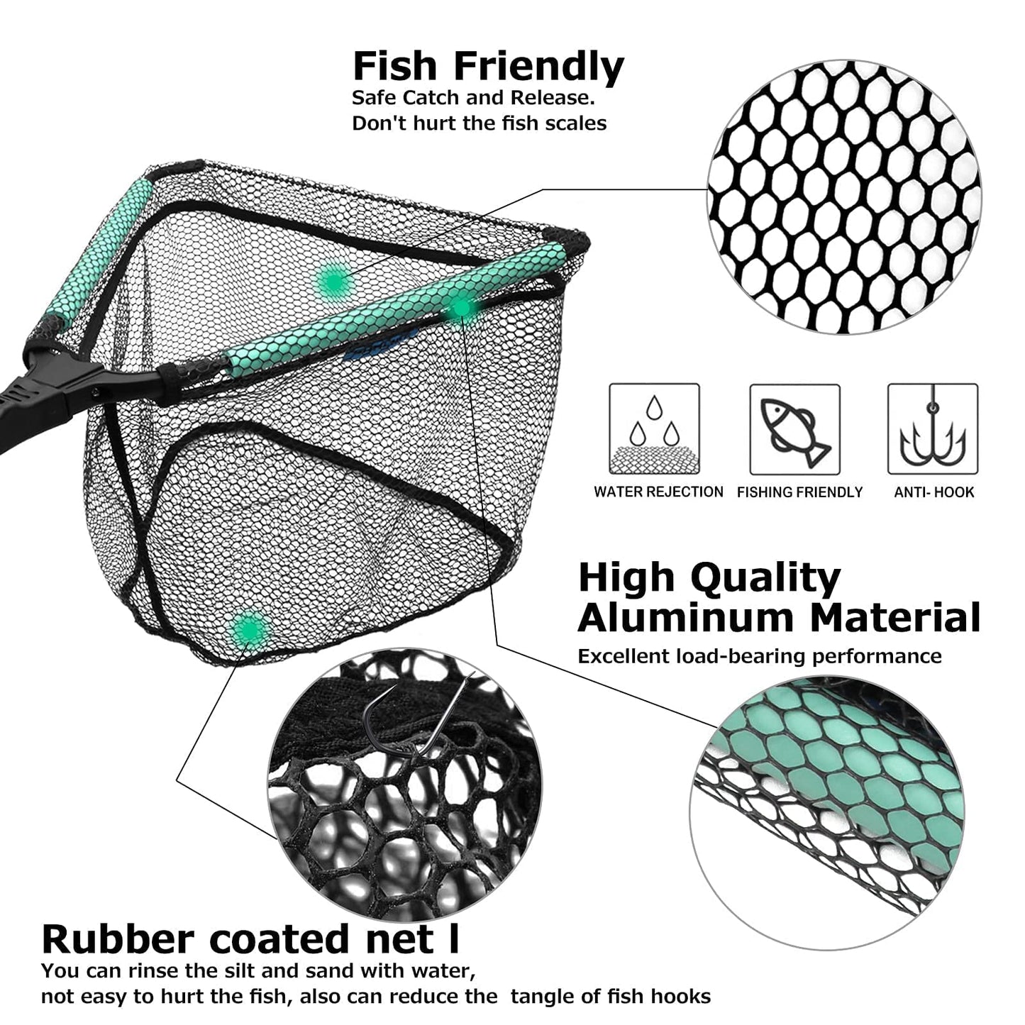 KOMCLUB 98in Black Floating Landing Net, Folding Telescoping Fishing Net‌