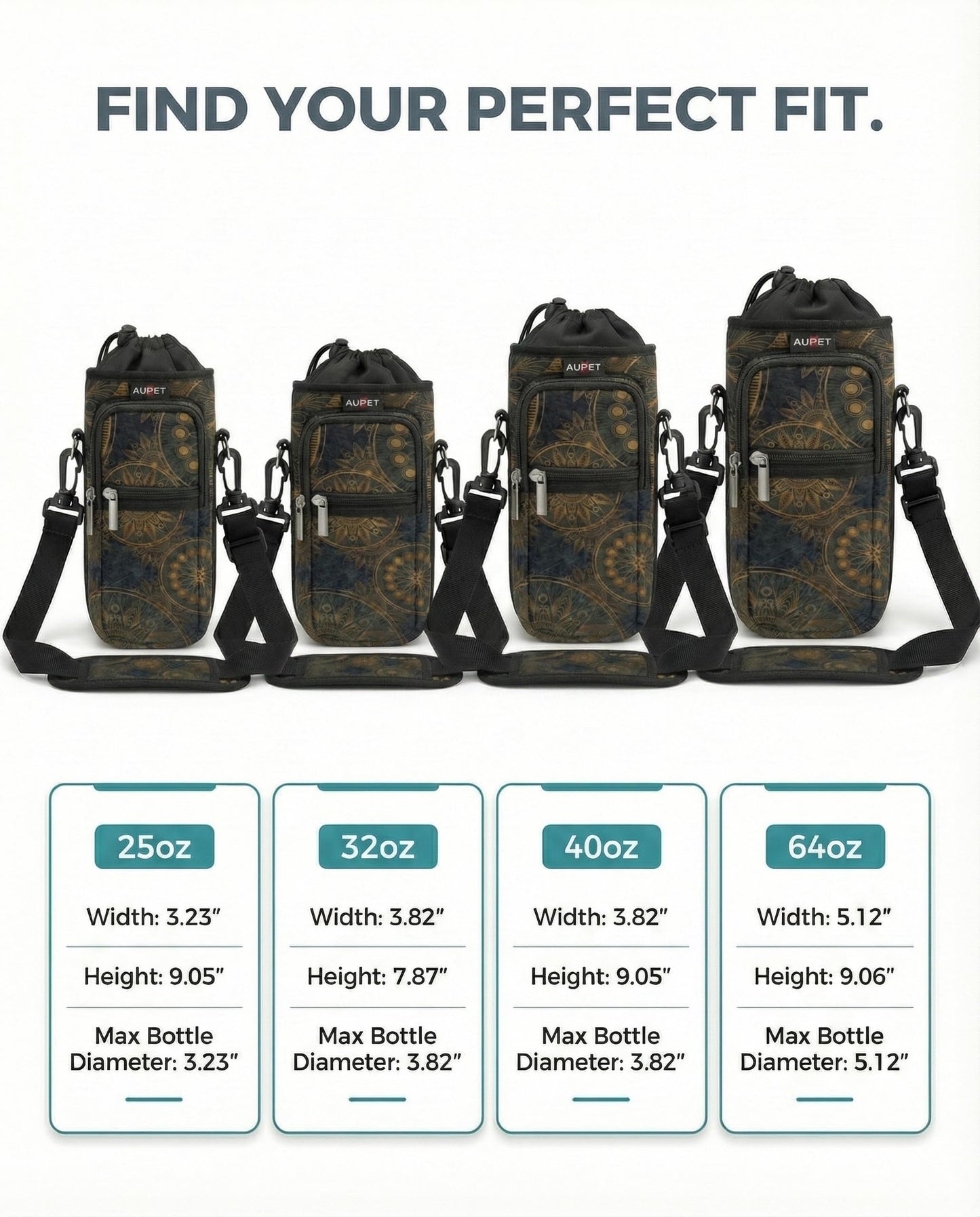 AUPET Water Bottle Sling Bag Sleeve Holder Carrier 25/32/40/64 oz,Insulated Crossbody Water Bottle Case Cover with Strap and Pockets for Men/Women Walking Hiking Camping (40oz, stylish)