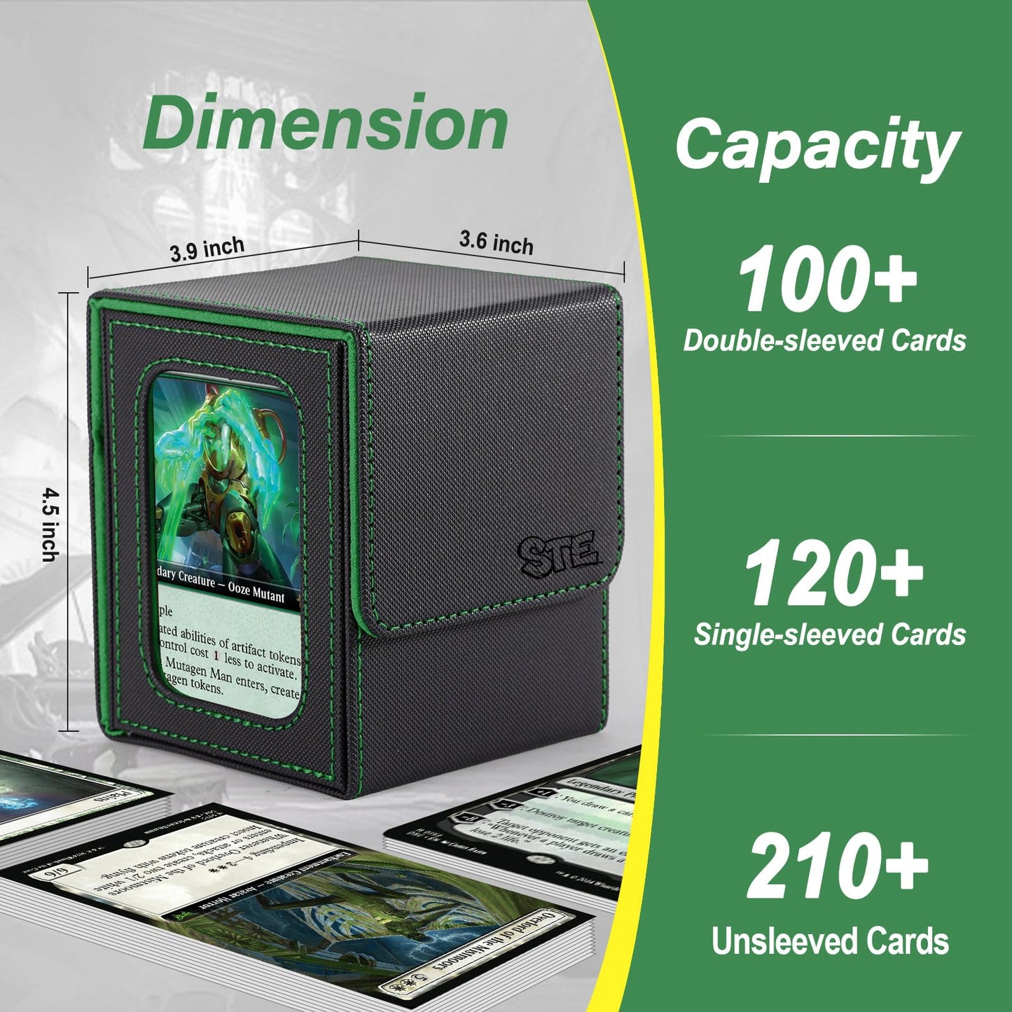 Commander Deck Box for MTG with double display windows,Card Storage Box Fits 120+ Single sleveed Cards,Magnetic Card Box with 2 Dividers&2 Toploaders for TCG Black/Green