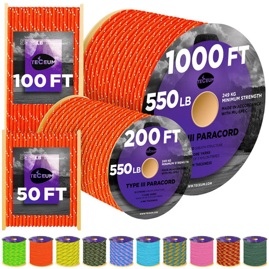 TECEUM Paracord Type III 550 Reflective Neon Orange – 50 ft – Tactical Rope MIL-SPEC – Outdoor para Cord –Camping Hiking Fishing Gear and Equipment – EDC Parachute Cord – Strong Survival Rope 345rf