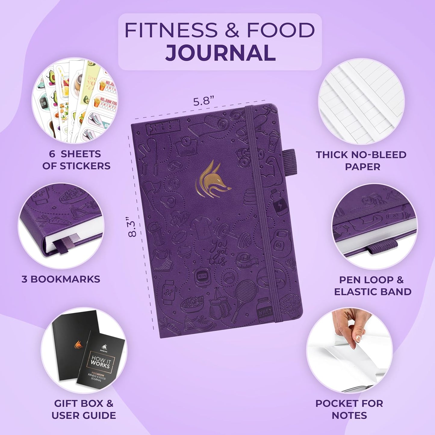 Clever Fox Fitness Journal - Guided Daily Workout & Meal Tracker for Weight Loss | Purple