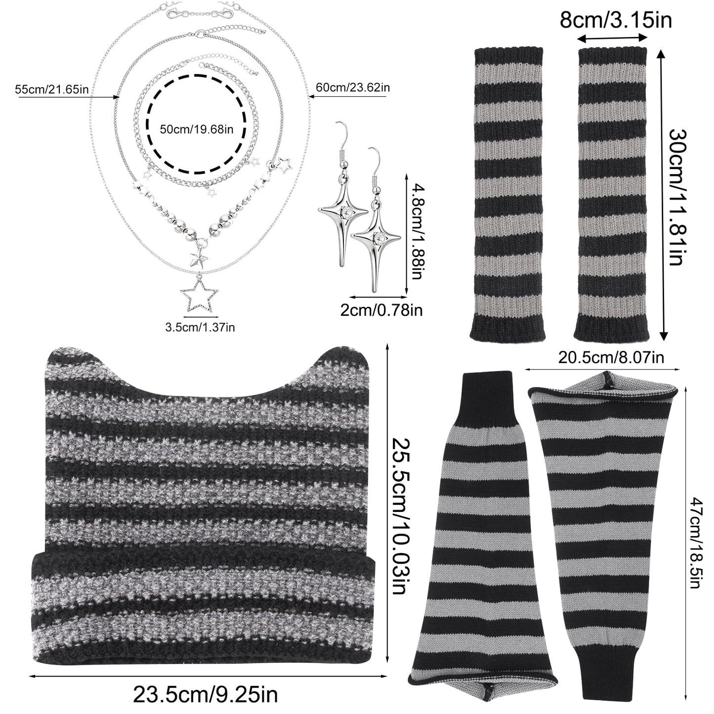 Zhamate Y2K Striped Crochet Beanie Hats Set Cat Beanie Accessories with Arm and Leg Warmers Necklaces Star Earrings for Women