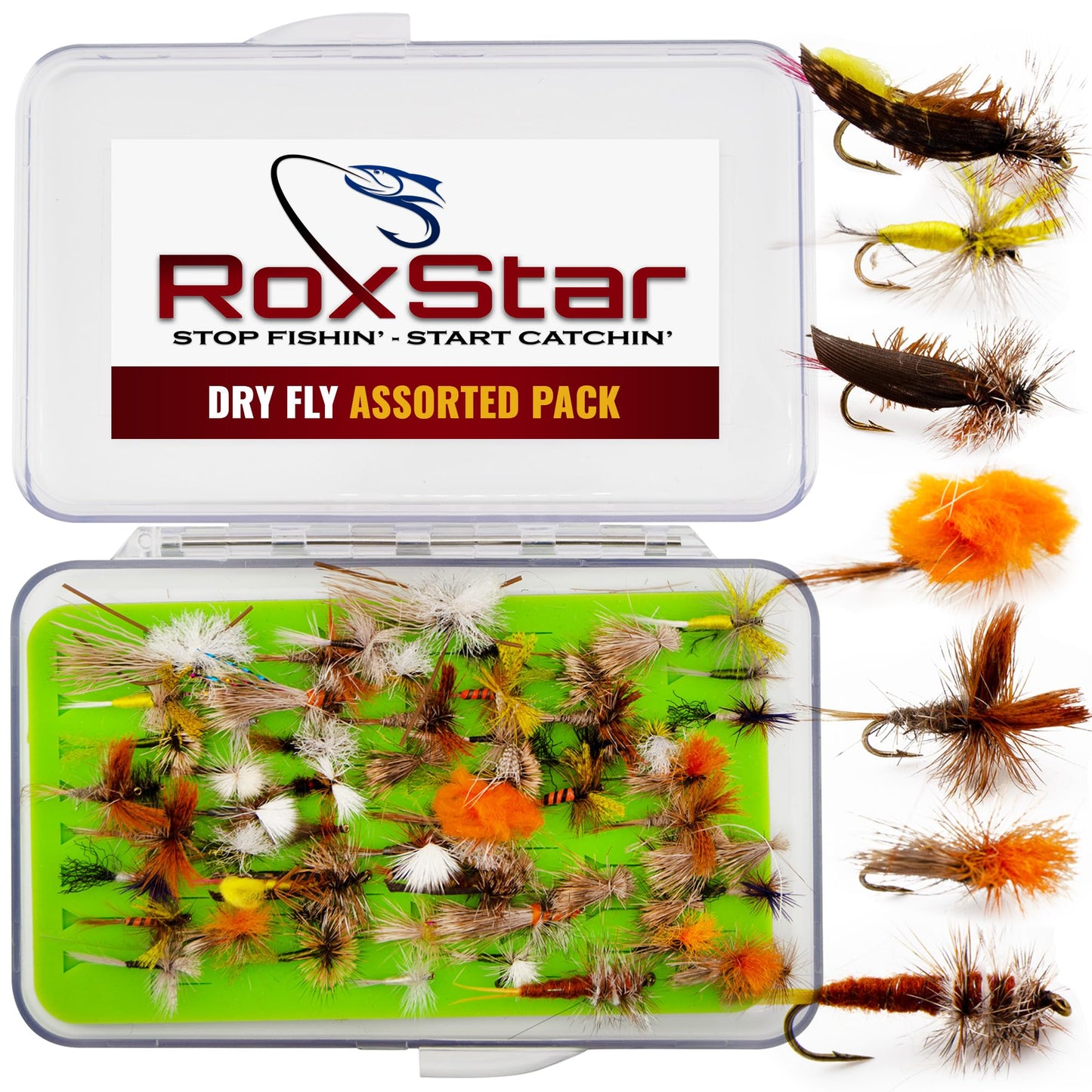 RoxStar Lures Dry Fly Assortment for Trout | 60 Hand Tied Fishing Flies | Match the Hatch Variety Pack | Sizes #8–#20 | Proven River, Stream & Lake Patterns