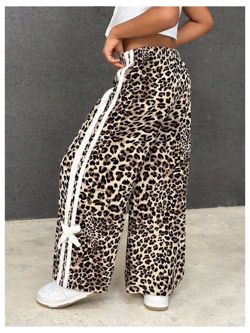 GORGLITTER Girl's Leopard Cheetah Print Pants Baggy Animal Wide Leg Sweatpants Y2K Bow High Waist Loose Joggers Bottoms Brown 7 Years