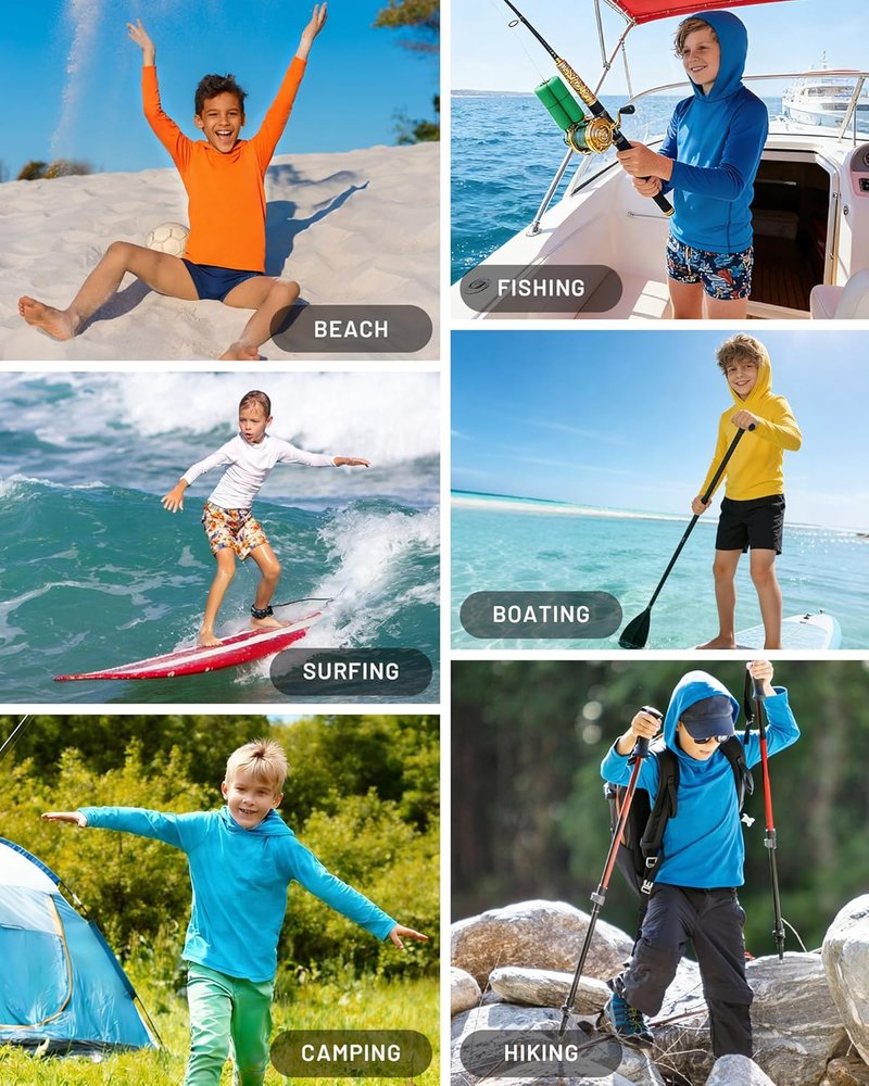 Boys Rash Guard Hoodie - UPF 50+ Long Sleeve Swim Shirt for UV Sun Protection | Perfect for Fishing & Beach Activities