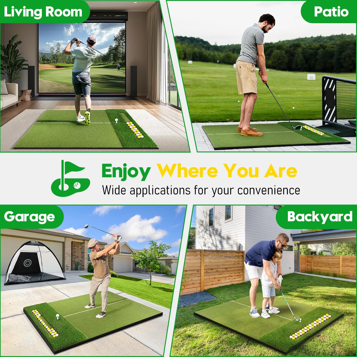 Golf Mat with Ball Tray, 5x4ft Dual Turf Golf Hitting Mats Practice Outdoor Indoor for Backyard Driving Range Simulator Mat, Golf Chipping Swing Training Aid Mat with 10 Golf Balls 9 Tees