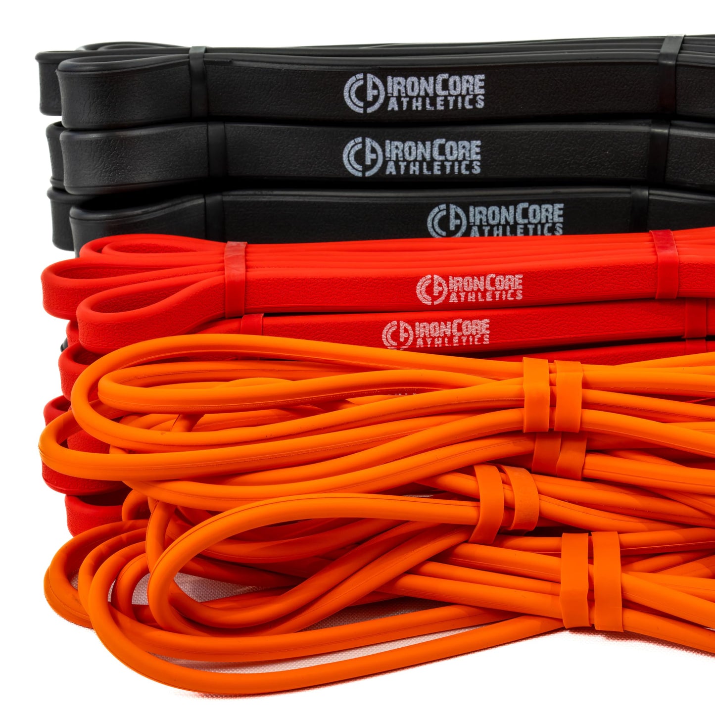 Iron Core Athletics Orange, Red, and Black Exercise Band Combo Five Pack - Premium Resistance Bands for Strength Training - Durable, Non-Slip Grip - Comfort Edge, Tested 30K Pulls