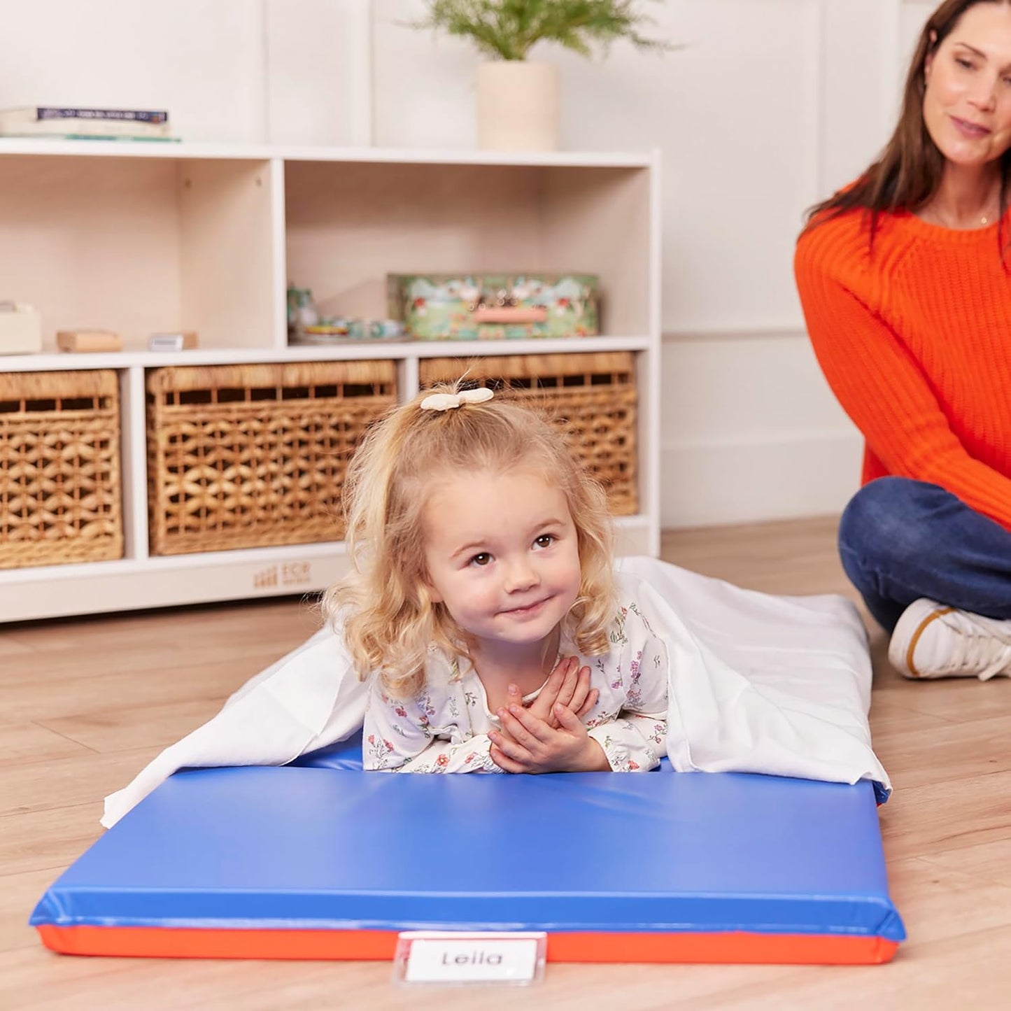 ECR4Kids Premium Folding Rest Mat - 3-Section Sleeping Pad | Blue/Red, 2-Inch Thick