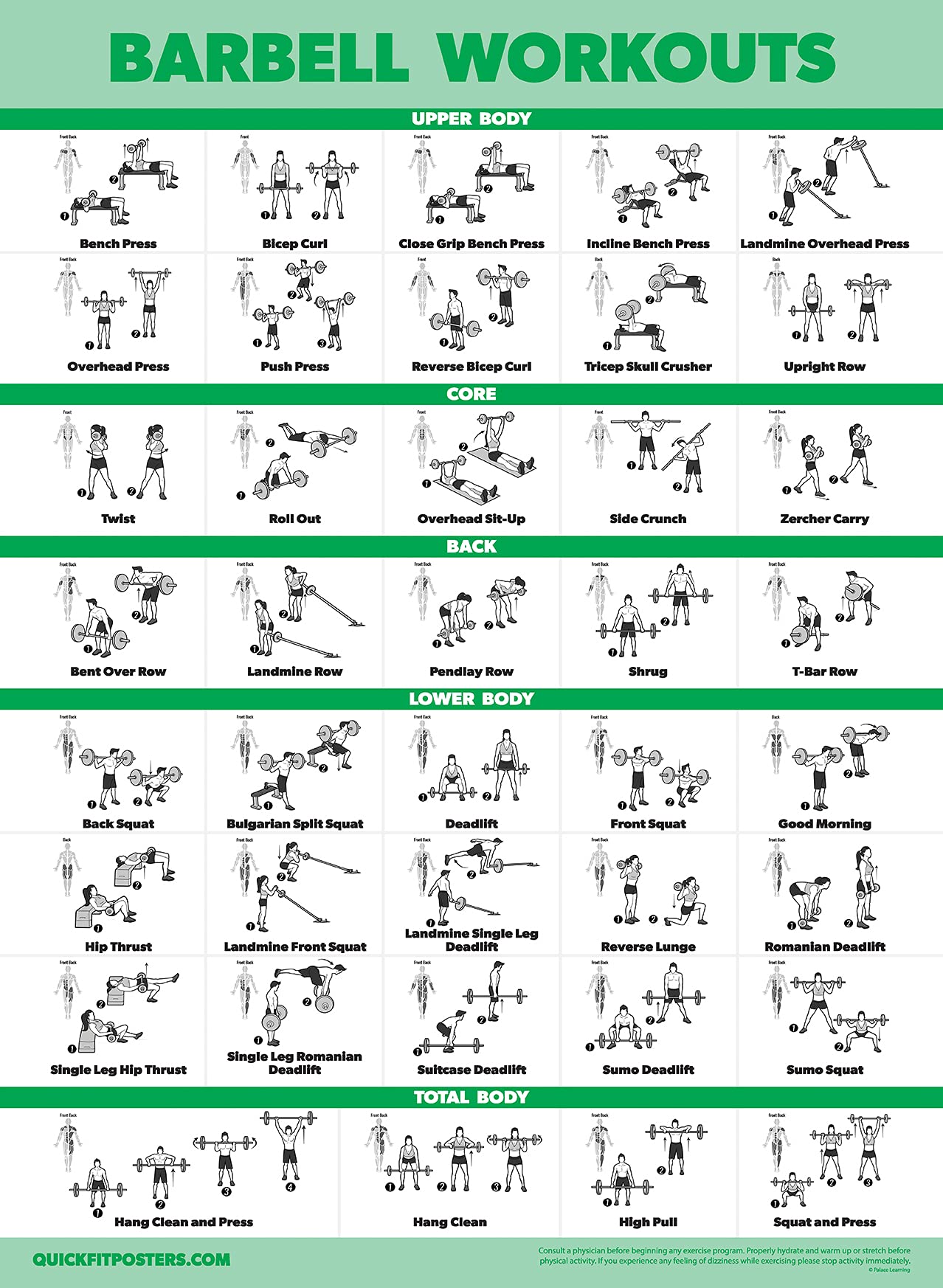 Palace Learning 20 Pack - Exercise Poster Set: Dumbbell, Suspension, Battle Rope, Stretching, Bodyweight, Barbell, Yoga, Exercise Ball - (LAMINATED, 18” x 24”)