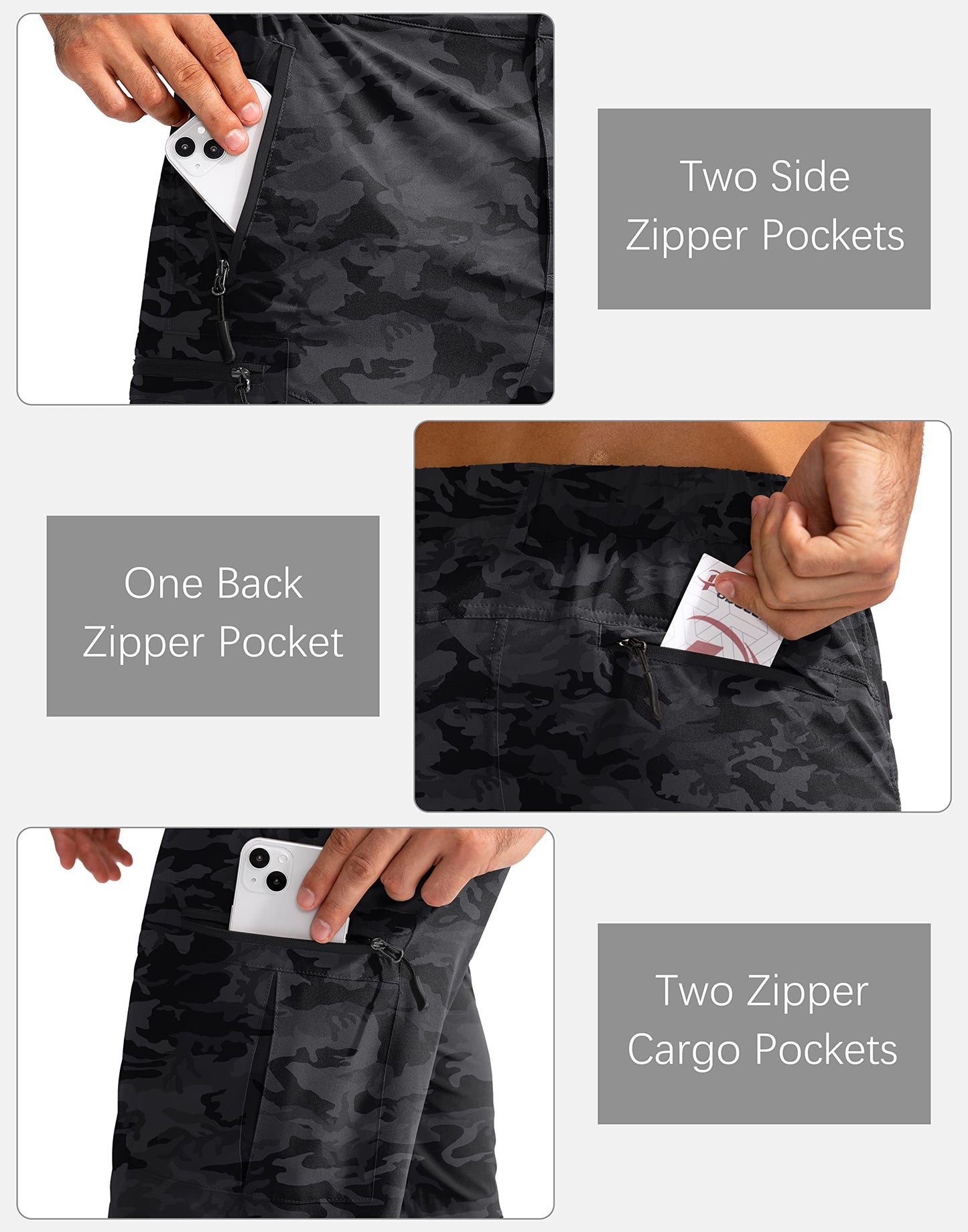Pudolla Men's Hiking Cargo Shorts 9" Lightweight Outdoor Work Shorts for Men Travel Golf Camping Casual with 5 Zipper Pockets(Black Camo Small)