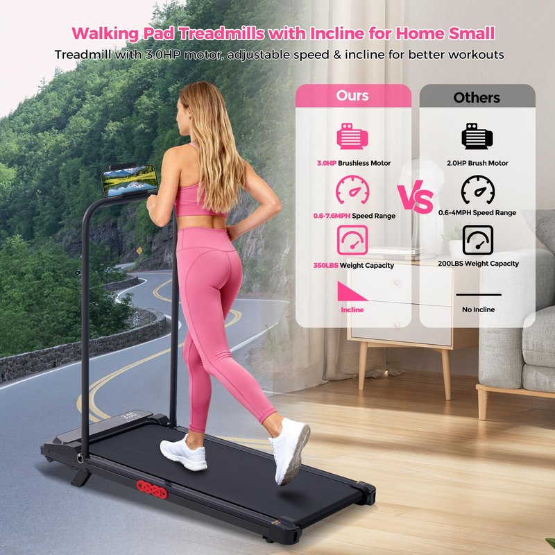 Walking Pad with Incline and Handle Bar, 2026 Upgrade Electric Small Walking Pads Treadmills with Handles, Compact Treadmill with Handles for Home Small Spaces, 3.5HP, 0.6-7.6MPH, 350LBS
