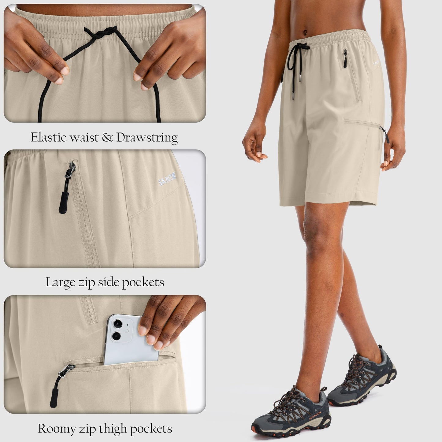 SANTINY Women's 5''/ 7''/9'' Hiking Cargo Shorts Quick Dry Lightweight Summer Shorts for Women Athletic Golf Zipper Pockets(Khaki_XXL)