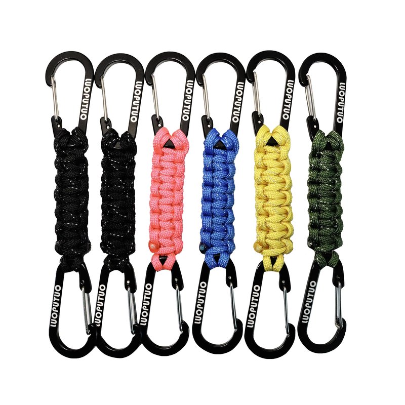 LUOPUTUO 6 Pcs Reflective Strip Paracord Keychain, Braided Paracord Keychain for Backpacks Camping Hiking (Double hook, 6 pcs, 2 Black+1 Pink+1 Blue+1 Yellow+1 Green)
