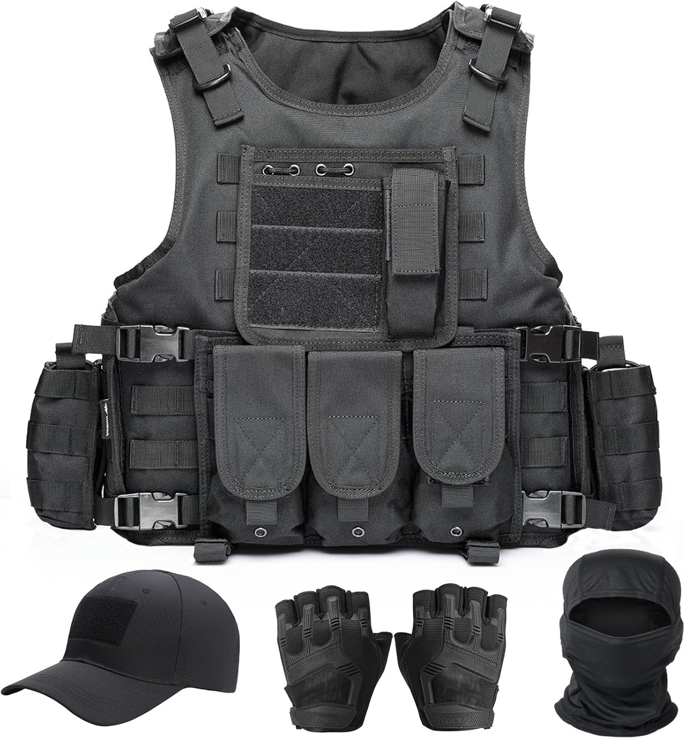 Tactical Vest for Men - Black Molle Airsoft Gear with Cap | Durable & Lightweight