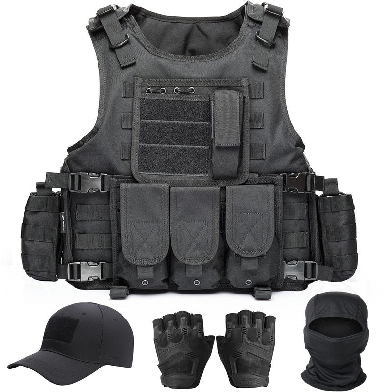 VPZenar Tactical Airsoft Vest, Black Lightweight Sports Training Plate Vest with Detachable Pouches and Cap,Gloves,Balaclava for Men, Tactical Airsoft Gear