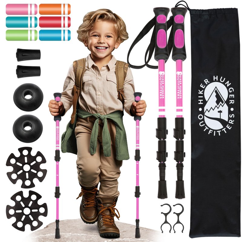 Kids Hiking Poles by USA Brand - Lightweight Collapsible Kids Walking Stick w/Quick Adjustable Flip Locks (Pink)