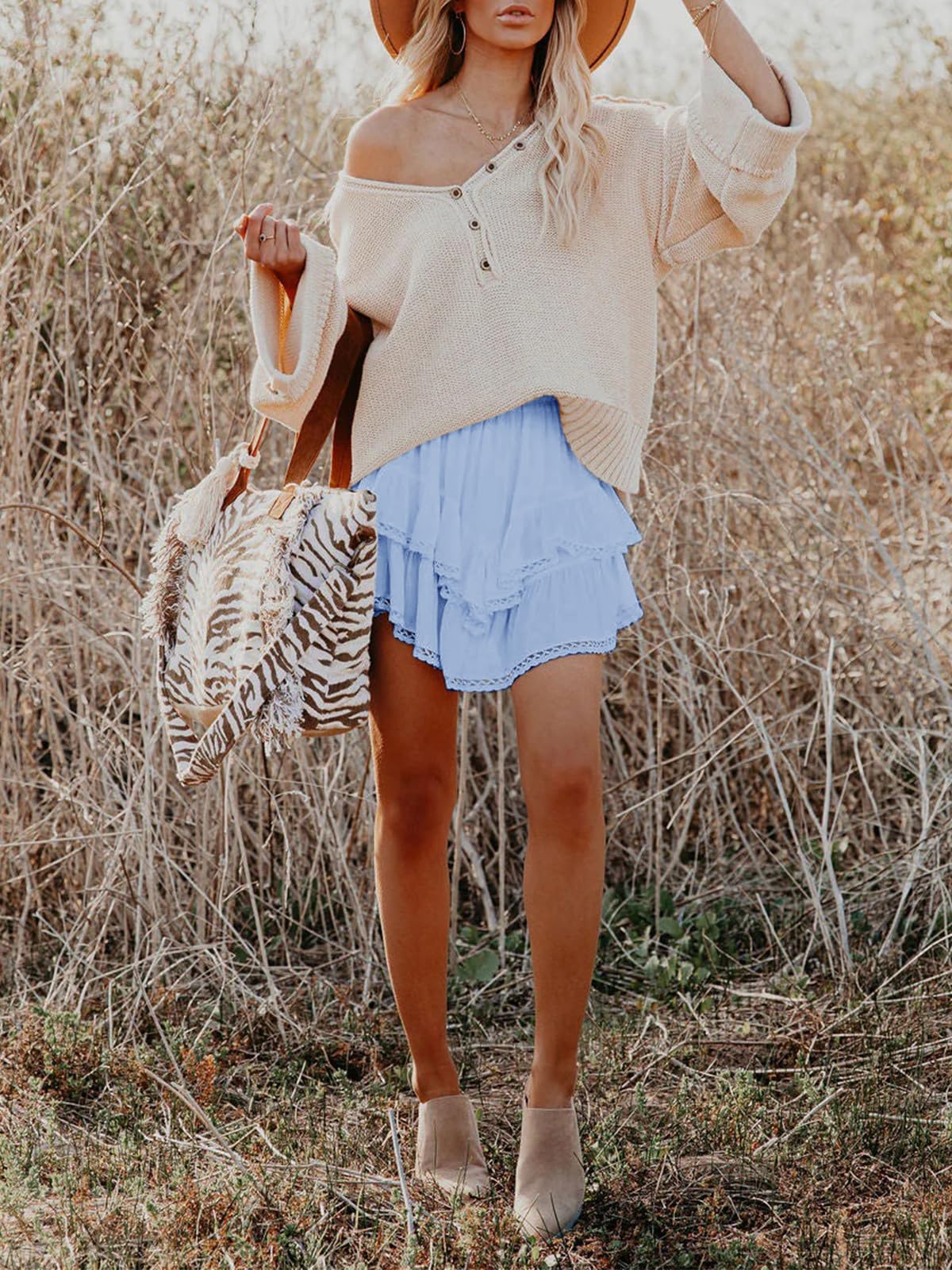 Aoudery Flowy Shorts for Women Casual Boho Ruffle Tiered Skorts High Waist Mini Skirts Golf Tennis Butterfly Crochet Shorts - Light Blue 2XL