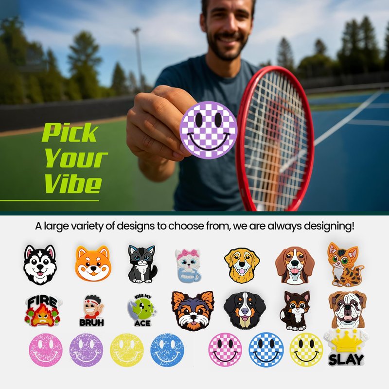 Tennis Racket Dampener - Checkered Purple Smiley Face Designs - Vibration & Noise-Reducing Preppy Tennis Shock Absorber for Racquets - Secure, Easy-Install Accessories for Players of All Levels