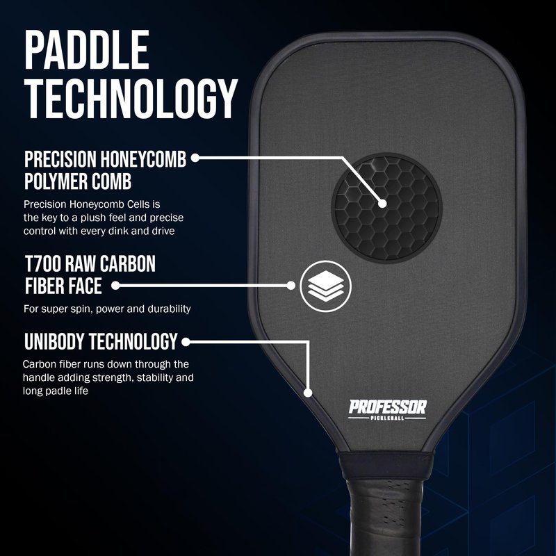 Professor Pickleball Training Paddle - Sweet Spot Enhancement with Extended Handle - T700 Raw Carbon Fiber Construction, 16MM Core Practice Pickleball Trainer Paddle