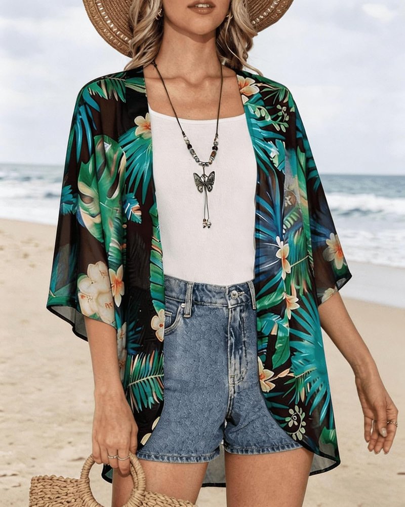 Floral Print Puff Sleeve Kimono Cardigan - Casual Loose Blouse Top for Women | 2026 Design