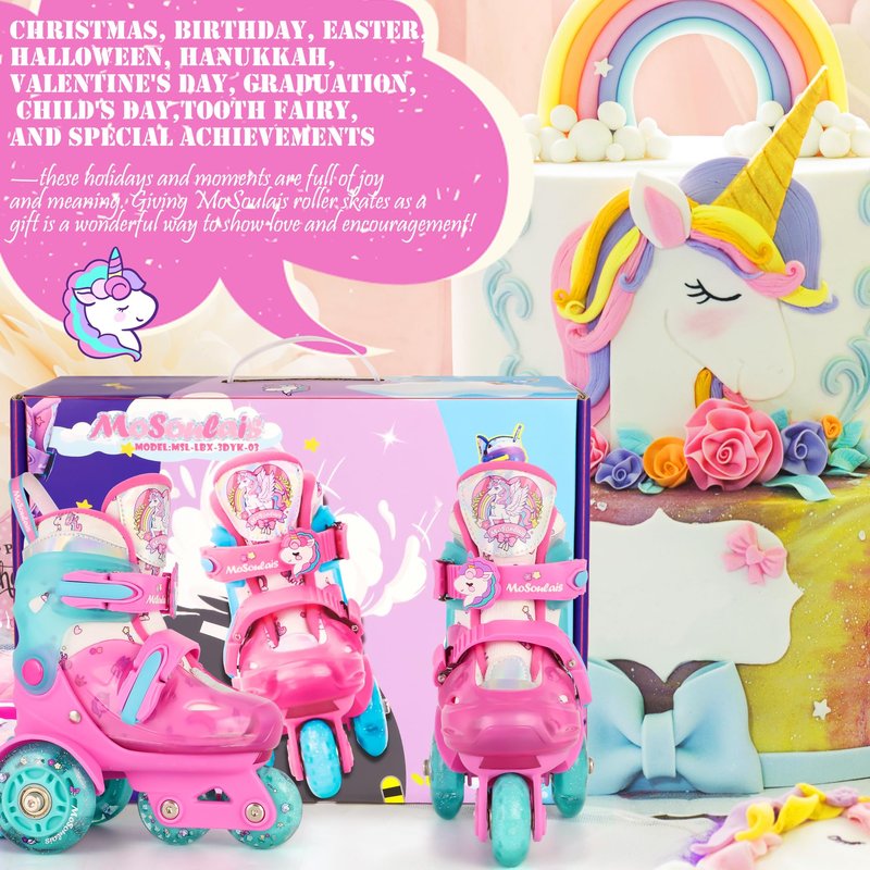 MoSoulais Unicorn Kids Roller Skates Adjustable Girls Roller Skate with Light Up Wheels Toddler Roller Skates Birthday Girly Gift for Youth Children Beginner Ages 5 6 7 8 - Pink S(10.5C-13C)