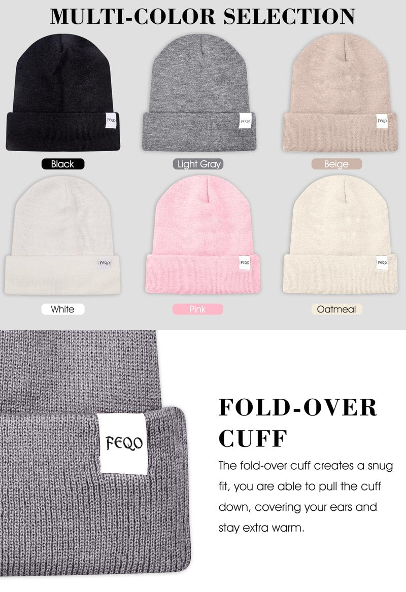 FEQO 6 Pack Satin Lined Winter Beanie Hats Soft Silk Lined Beanies Knit Warm Cuffed Hats for Women Men(Black, Light Gray, Pink, Beige, White, Oatmeal)