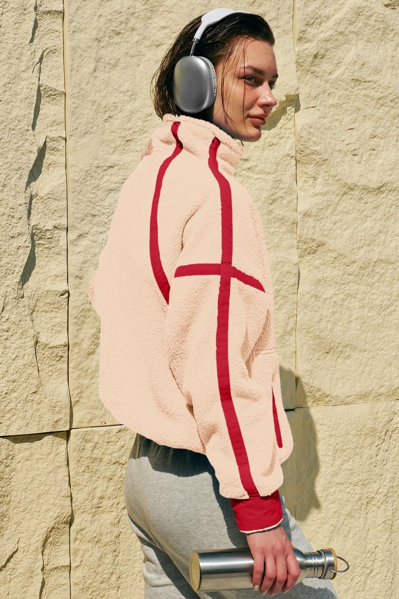 Panadila Womens Half Zip Fleece Pullover Sherpa Jacket Fuzzy Sweater Cozy Sweatshirt with Pockets Winter (Beige Red Combo,M)