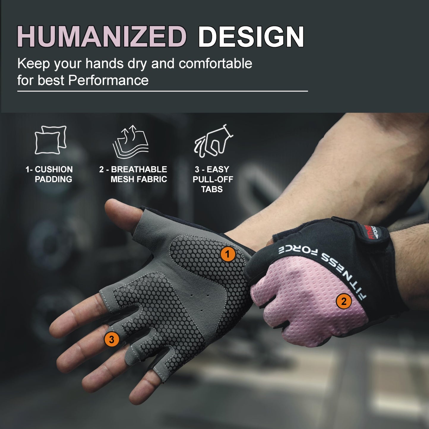 FITNESS FORCE Breathable Workout Gloves for Men and Women, Padded Weight Lifting Gloves with Full Palm Protection for Grip, Exercise, Cycling, Gym, Fitness Training (Pink, X-Small)
