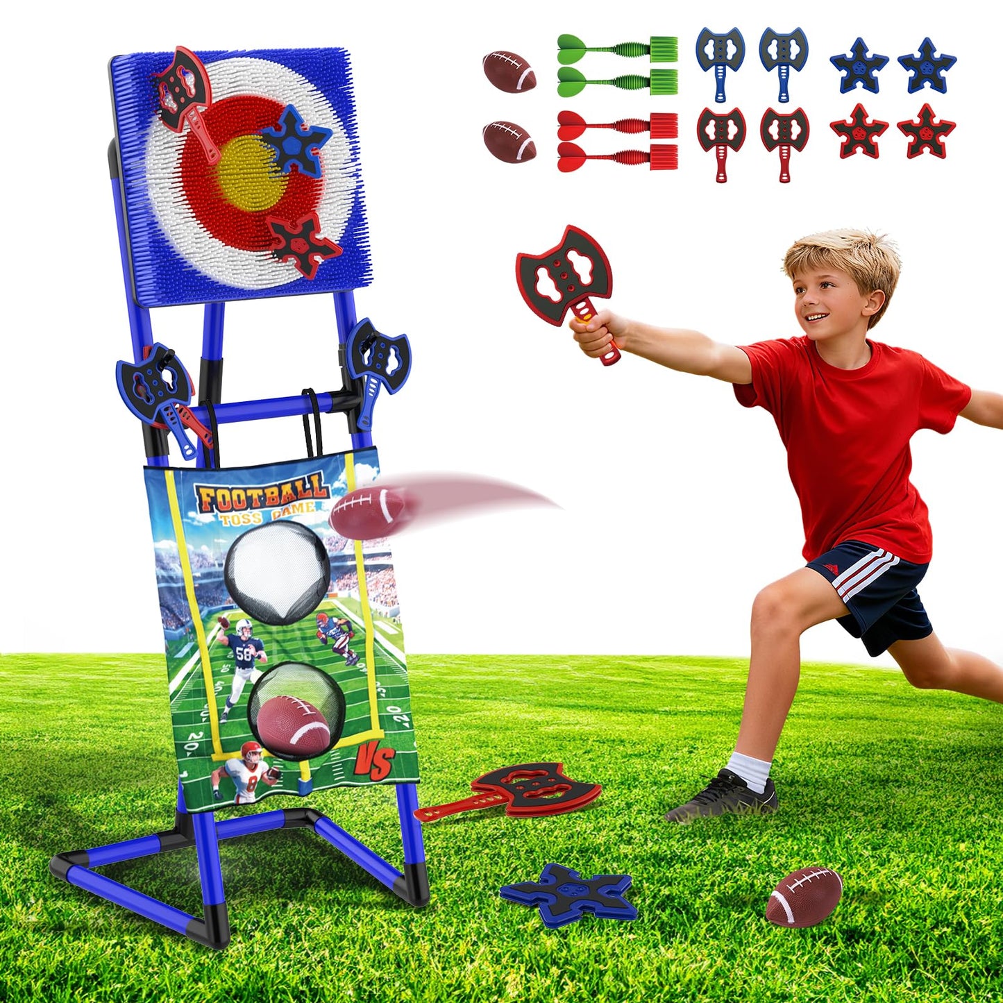 VATOS 2-in-1 Axe & Football Throwing Game Set, Bristle Axe Toss Target with 16 pcs Safe Darts, Portable Outdoor & Indoor Backyard Games for Teens and Adults, Lawn Carnival, Camping Party Toy Gift